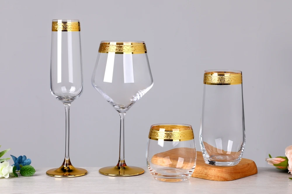 Luxury No Lead Crystal Art Deco Edge Gold Rimmed Glass champagne Flutes Wine Glasses Stemless
