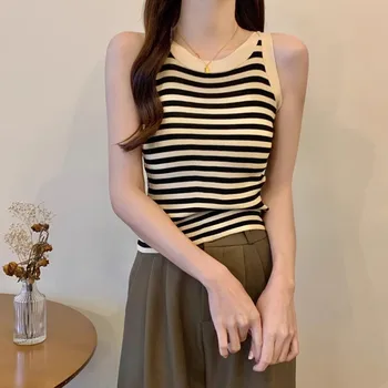 Women's 2025 Summer Sleeveless Sweater Vest Black White Striped Slimming Top with Logo Front Short Outer Wear Inner Base Shirt