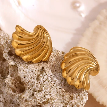 Dropshipping Engraved Water Wave Stud Earrings 18K Gold Plated Jewelry Waterproof Earrings Stainless Steel Jewelry