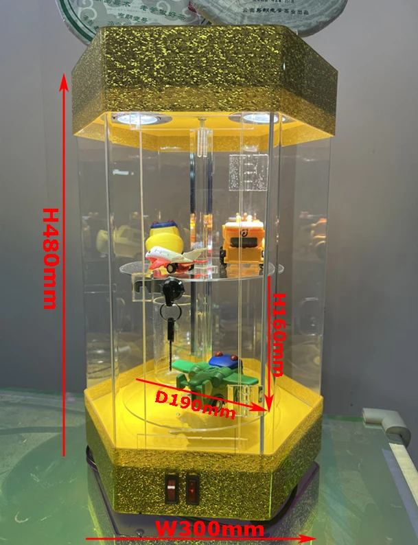 Factory Wholesale Hexagonal Rotating Acrylic Display Cabinet with Round Tiered Shelves,top LED Light System and Lockable Door