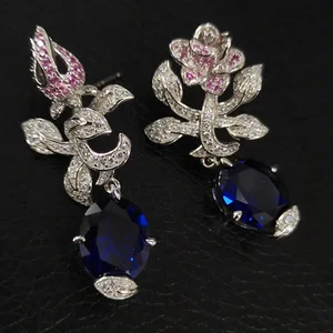 S925 Silver Royal Blue Flower Earrings Vintage Elegant Royal Blue Rose Light Luxury Fashion Hoop Earings