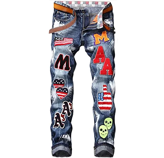 Custom Men's Distressed Destroyed Badge Jeans Patches Skinny Motor ...