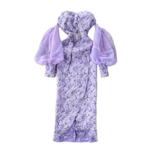 Customize High End Light Luxury Vintage Casual Breathable Eco-Friendly Washable Midi Woven Strapless Lantern Sleeve Dress