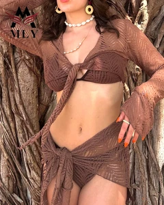 MLY Swimwear Women Beach Swimming Bathing Suits Sexy Brazilian Swimsuit Bikini With Long Sleeves Top  Beach Dress