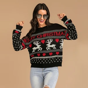 Women's New Crewneck Ugly Merry Christmas Reindeer Printed Pullover Knits Sweater