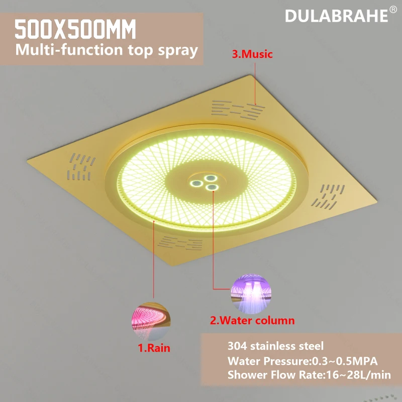 DULABRAHE Thermostatic Ceiling LED Rain Shower System Set Bathroom Brushed Gold 20 Inch Rainfall Shower Head With Music Sky City