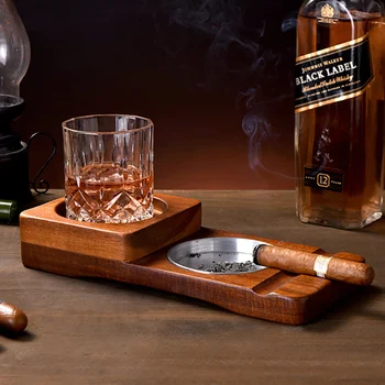 Wooden Cigar Holder Whiskey Glass Tray Solid Wood Cigar Ash Tray Ashtray For Bar Business Gift