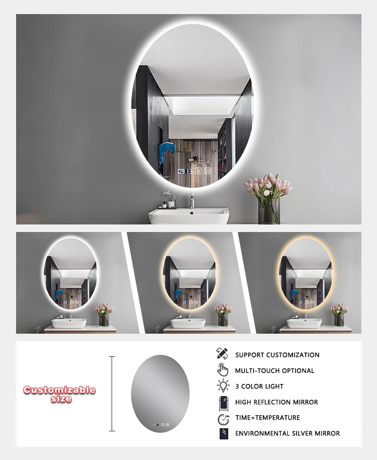 product decorative silver tempered glass mirror wall mounted anti fog bath mirror wall hanging oval espelho com luz led-4