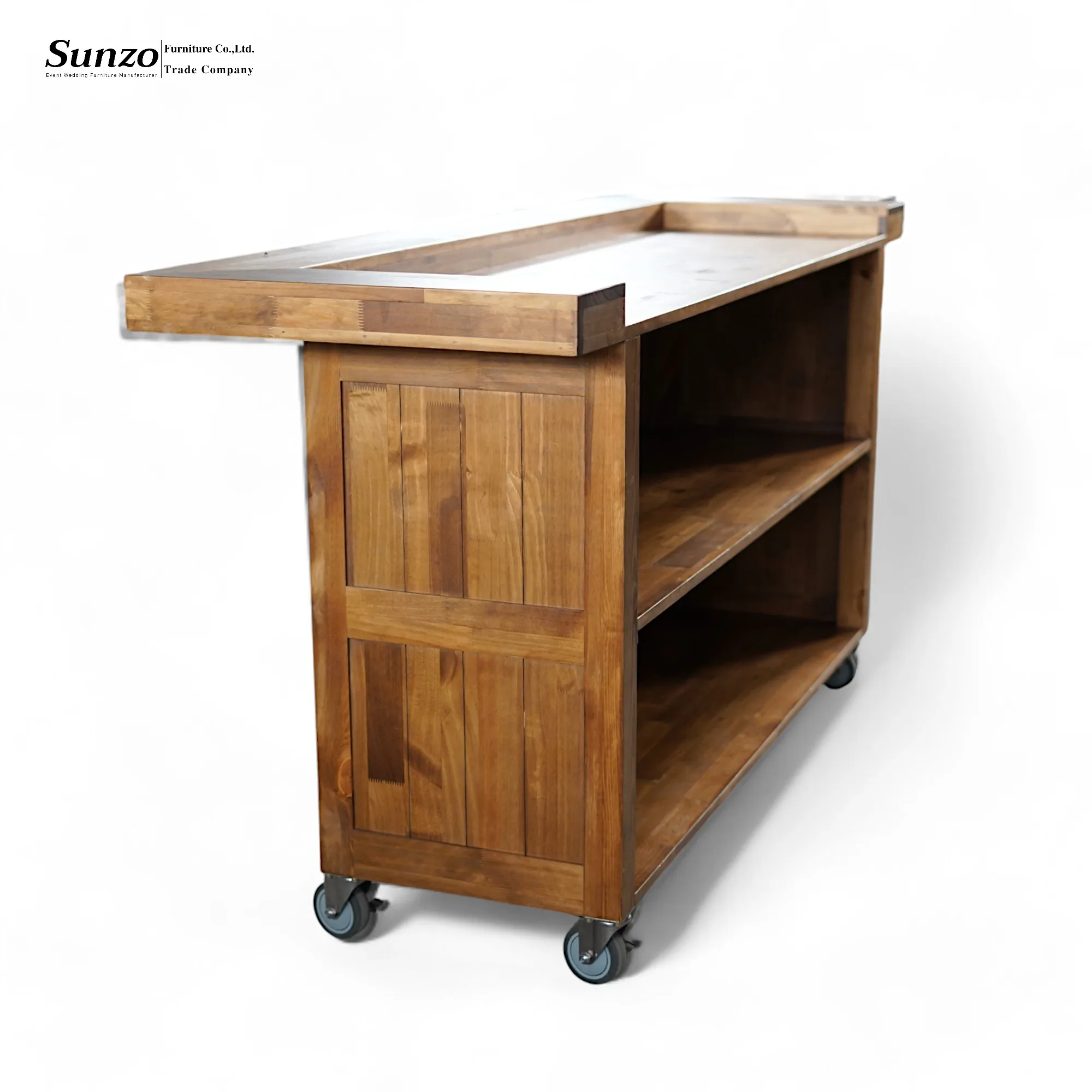 Customized Contemporary Pine Wood Bar Counter Table Wheels for Hotel Cafe Restaurant Outdoor Dining Home Bar Interior Display