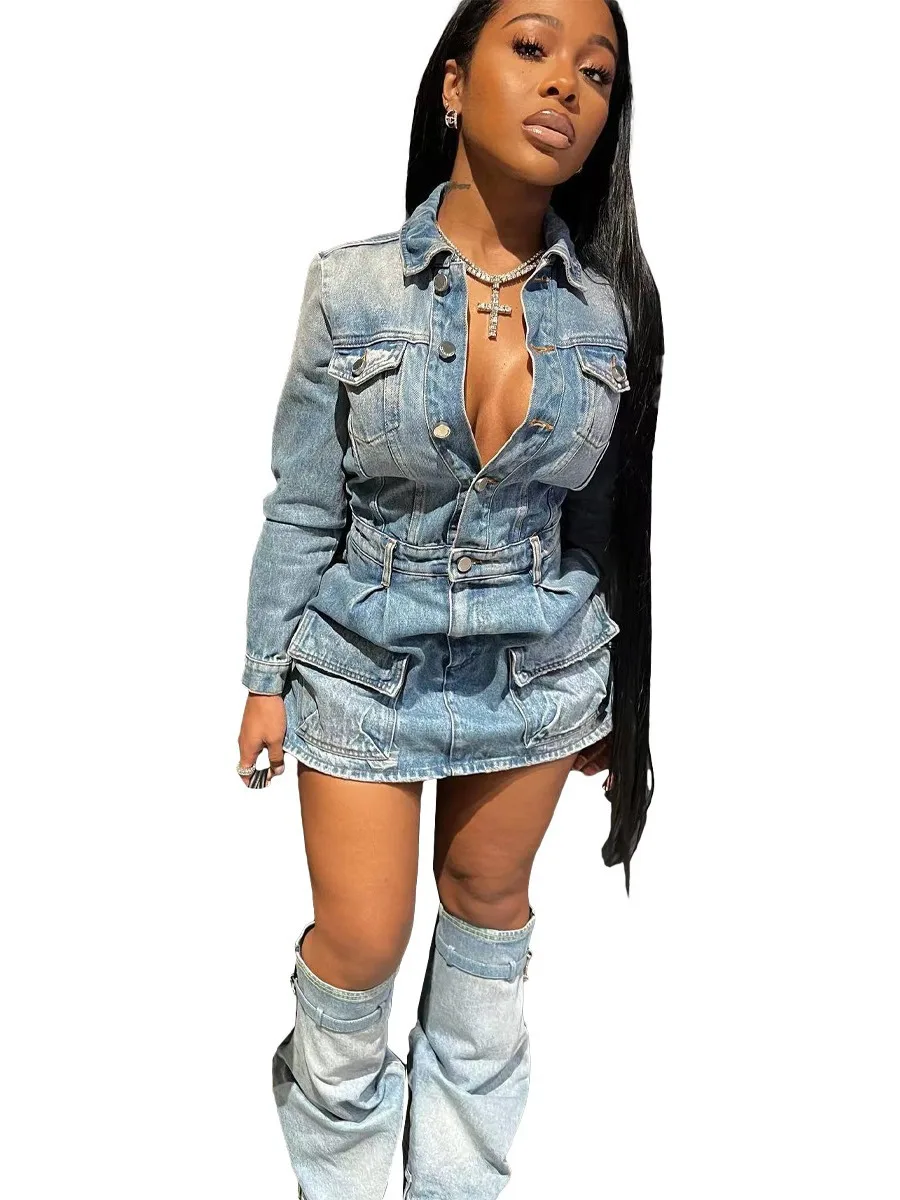 Woman Clothes 2024 Trending Good Quality Three Piece Set Multi Pocket  Washed Long Sleeve Denim Mini Dress Outfit