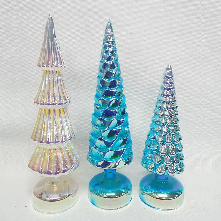 Vintage modern tabletop pre lit led lighted up mini green hand blown glass christmas tree decorative figurine set with lights supplier