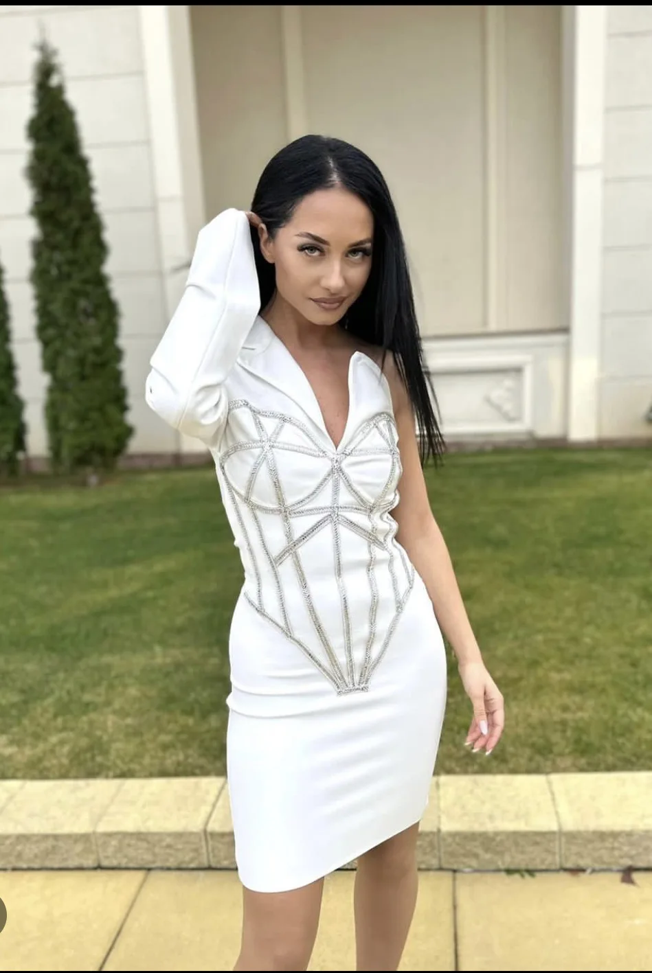 Elegant White Linen Bodycon Dress Crystal Corset Detail V-Neck for Bandage  Sequined Anti-Wrinkle for Evening Cocktail Natural| Alibaba.com