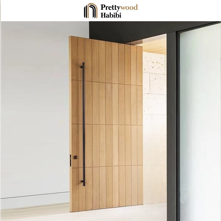 Prettywood Minimalist Flush Rectangular Design Front Entry Pivot Door Solid Wooden Exterior Main Entrance Door For Houses factory