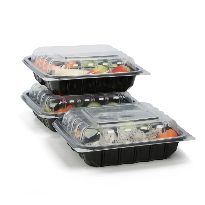 PP Two Color Black Bottom Hinged Clear Top Togo 9.23x9.23 Roast Chicken 1 Compartment Food Packaging Container Takeout Boxes
