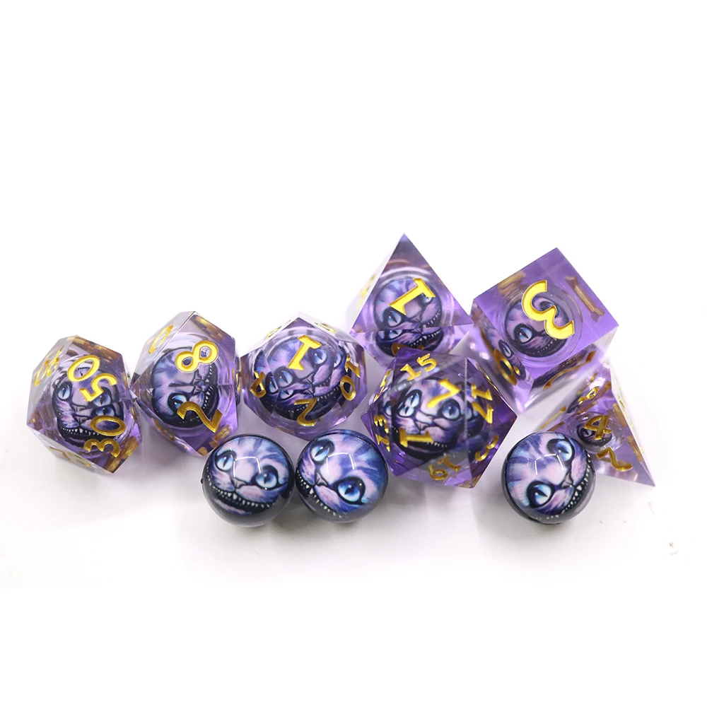 Wholesale Bulk 7Pcs Polyhedral Purple Cat Face Dice Set Transparent Resin with Gold Number D4-D20 Sharp Edge