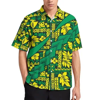Polynesian Clothing OEM/ODM Wholesale Custom Tribal Flower Contrast Hot Sale Mens Slim Fit Shirt with Short Sleeve Dropshipping