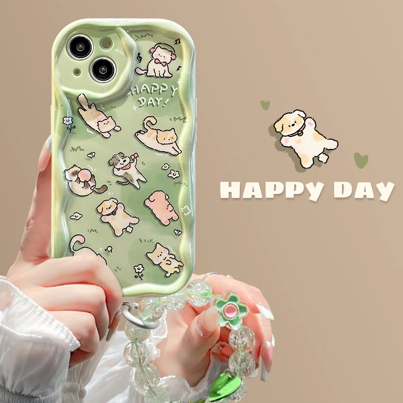 Happy Bear Puppy Cat Printing With Bead Bracelet TPU Mobile Phone
