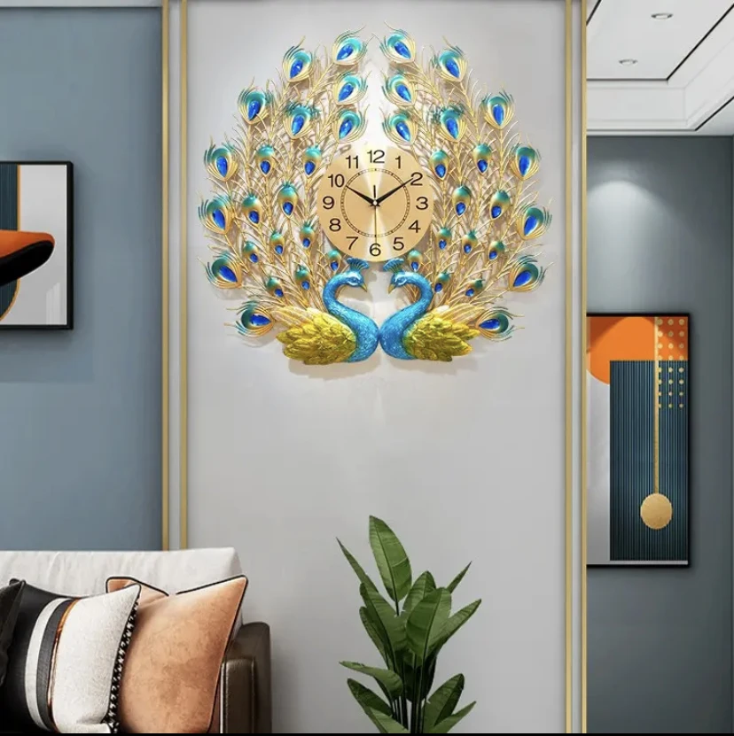 New Fashion Luxury Clock Decor Big 3D Antique Style Resin Peacock Fancy Gold Wall Clocks
