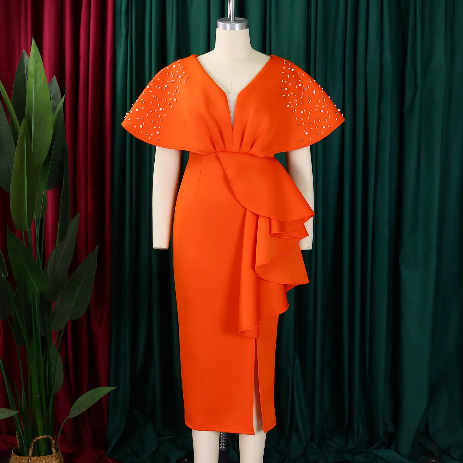 2025 African Dress Design Summer V-neck Ruffle Pleated Split Wedding Beaded  Prom Evening Cocktail Dress for Women Plus Size 3XL