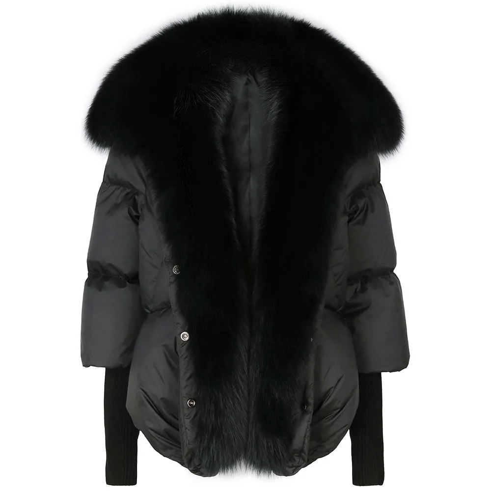 Oversized Winter Warm Detachable Removable Fur Collar Black Down Coat