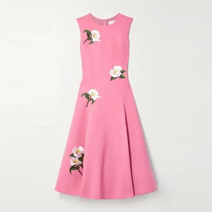 Clothing Manufacturer Custom Spring Summer pink Crew Collar Sleeveless Women Elegant Casual Midi Embroidered Dress