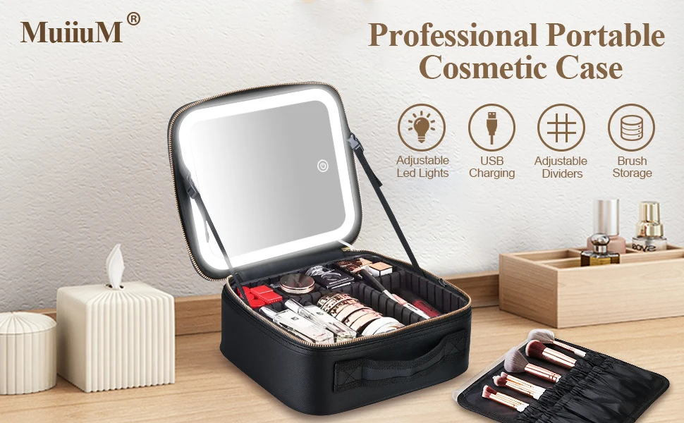 Portable Makeup Case Bag Mirror Led Light Beauty Case Travel Waterproof