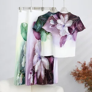 High Quality Long Skirt Set for Women Summer 100% Polyester Pleated Shirt and Printed Pleated Skirt Sets for Women Two Pieces