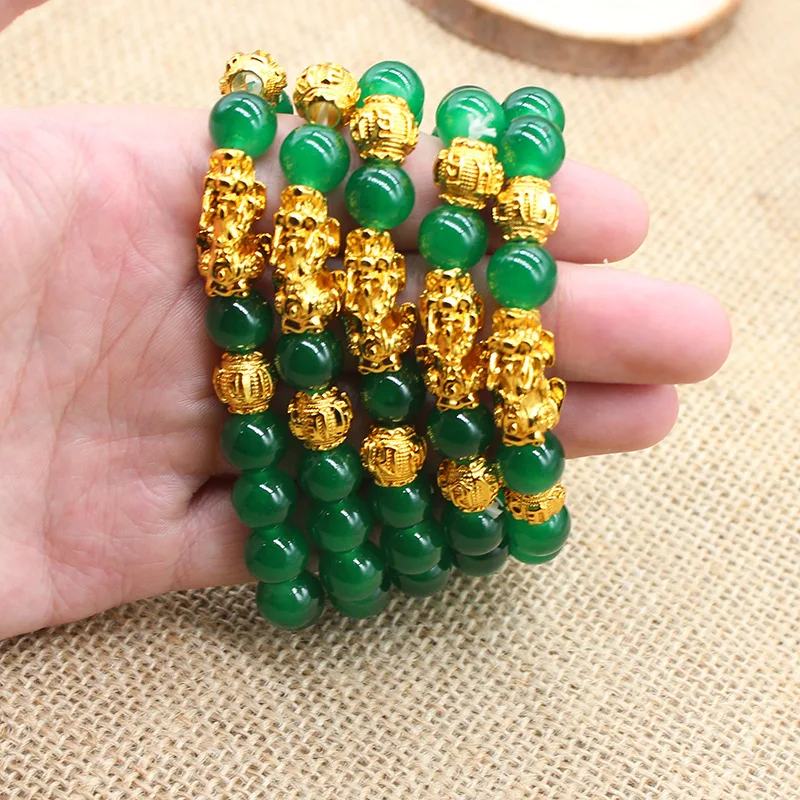 10mm Wholesale Green Jade Beads Good Luck Charm Bracelet Feng Shui Wealth  PIXIU Gold Bracelet for Gift