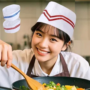 Culinary Chef Hat Breathable Fabric Kitchen Work Cap with Flat Top White Red Edges for Men Women for Summer Cooking Restaurants