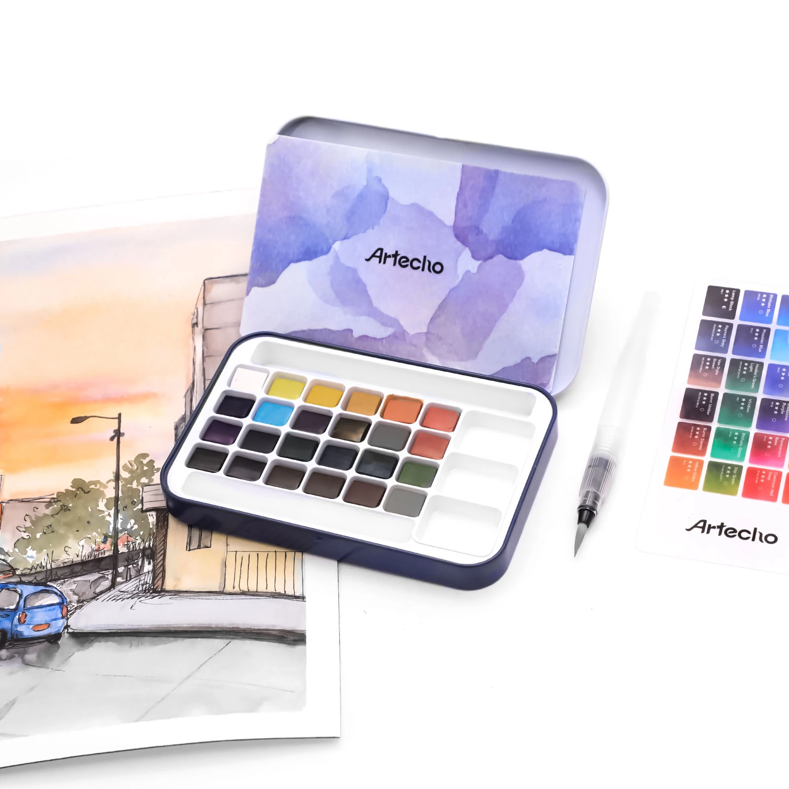 SAKURA Koi Boîte De Poche Pour Aquarelle Avec Médium Irisé | Set De 24 Couleurs, Palette, Eponge Et Pinceau A Eau