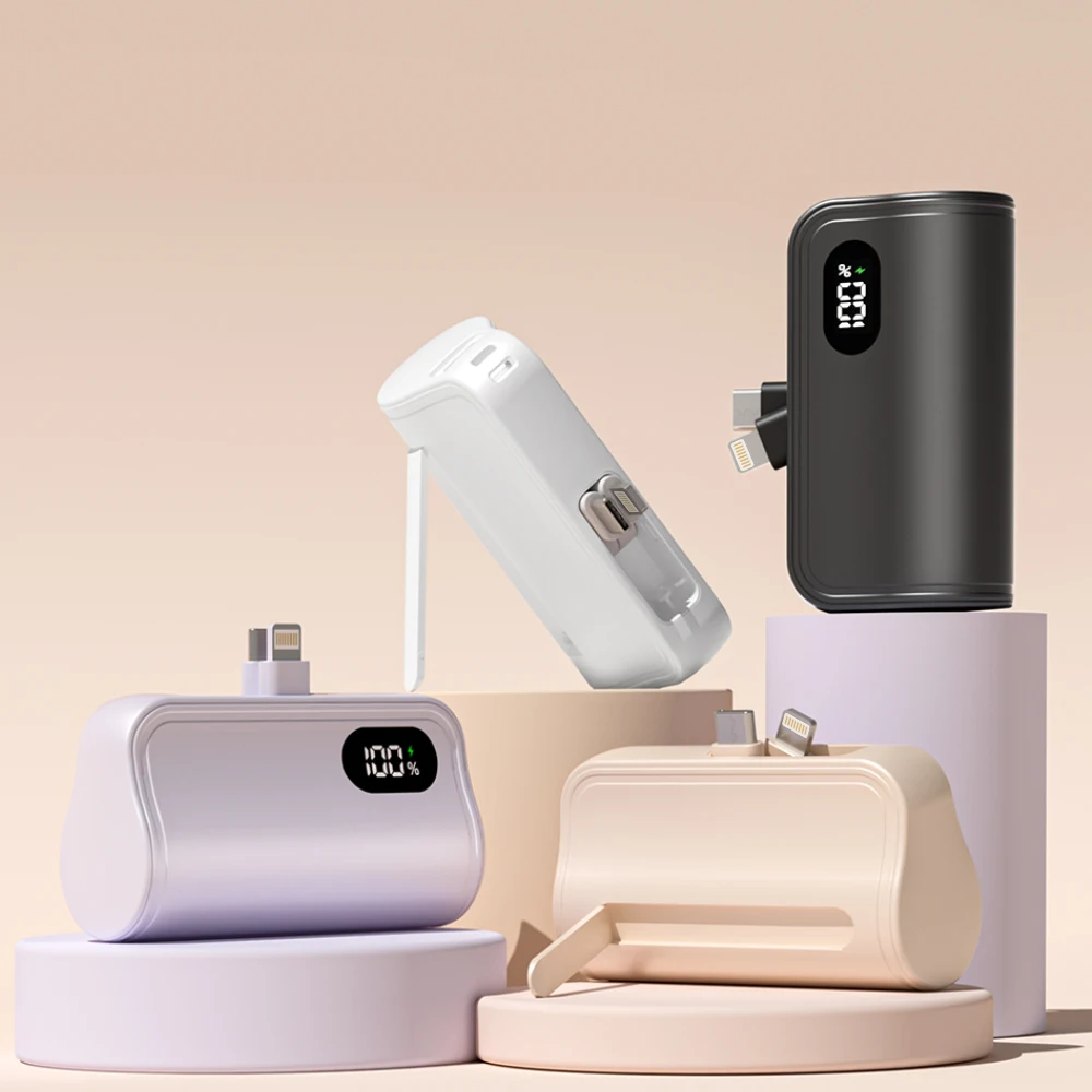 4000/5000mah Mini Tail Plug Digital Display Cell Phone Holder 3 in 1 Mobile Powerbank Dual Head Built-In Cable Mobile Power Bank