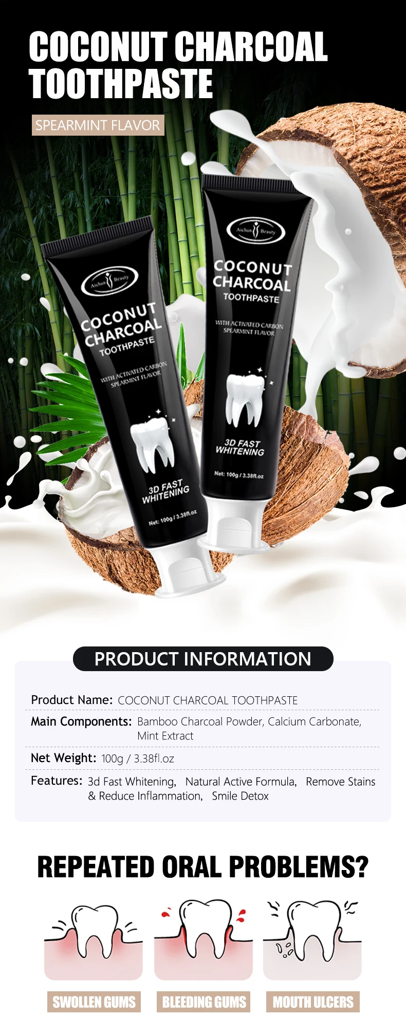 Aichun Beauty Customized Natural Active Teeth Whitening Coconut Black ...