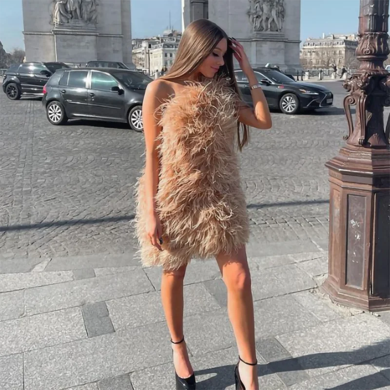 Long Pink Wrap Feather Fur Dress Party Ostrich Feather Dress for Ladies