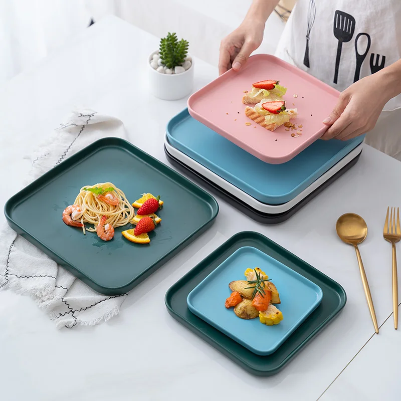 Plato cuadrado de cerámica, plato de porcelana para postre, platos para  carne, bandeja superficial de Color sólido, horno microondas