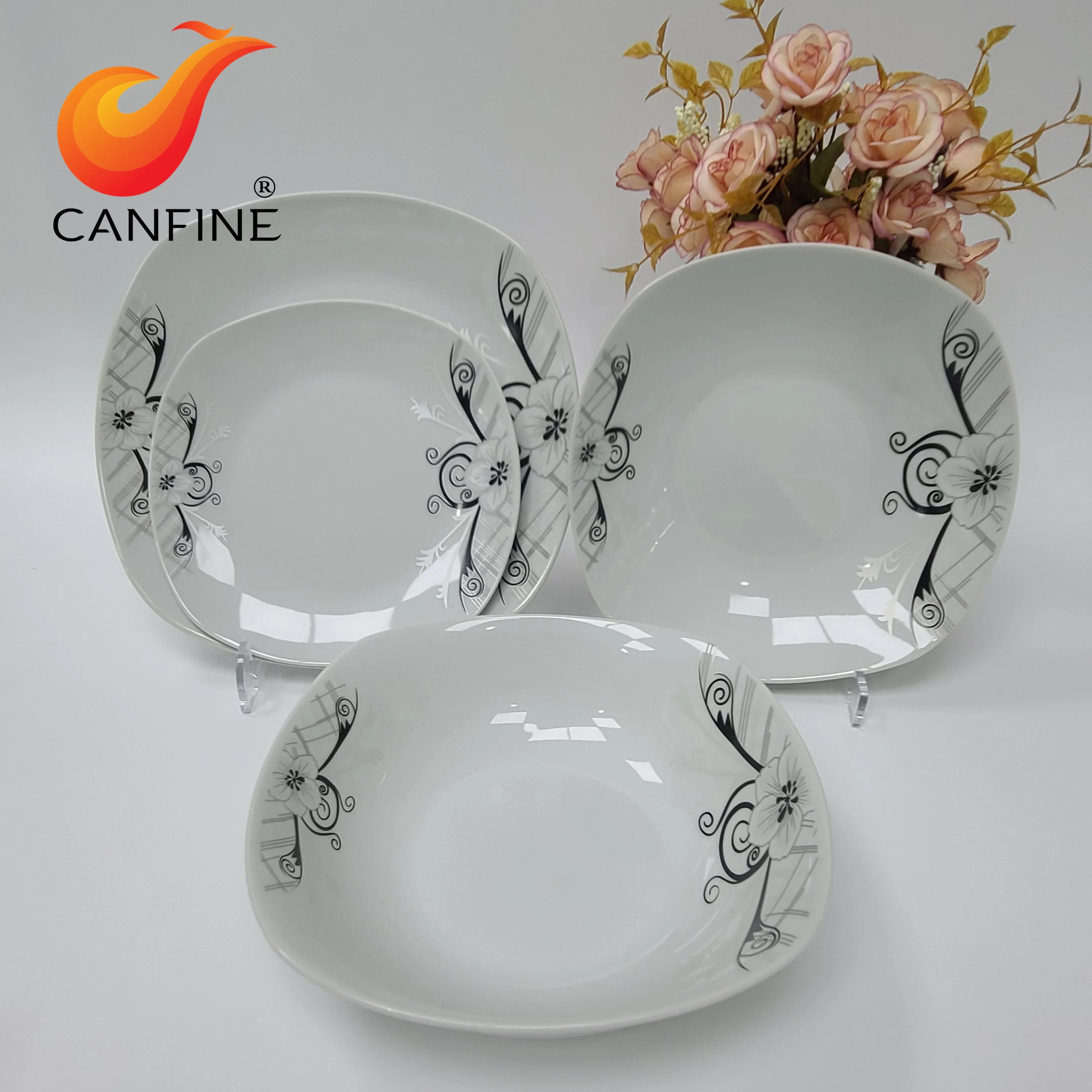 19pcs Square Shape Customized Restaurant Hotel European Fine White China Ceramic Crockery Porcelain Dinnerware Tableware Sets