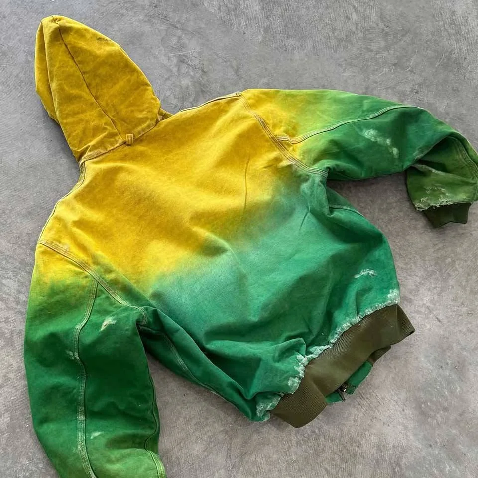 SALATI Custom Factory Gradient Dye Denim Work Jacket for Men Vintage Y2K Button Duck Canvas Hoodie Distressed Boxy Workers gallery 3