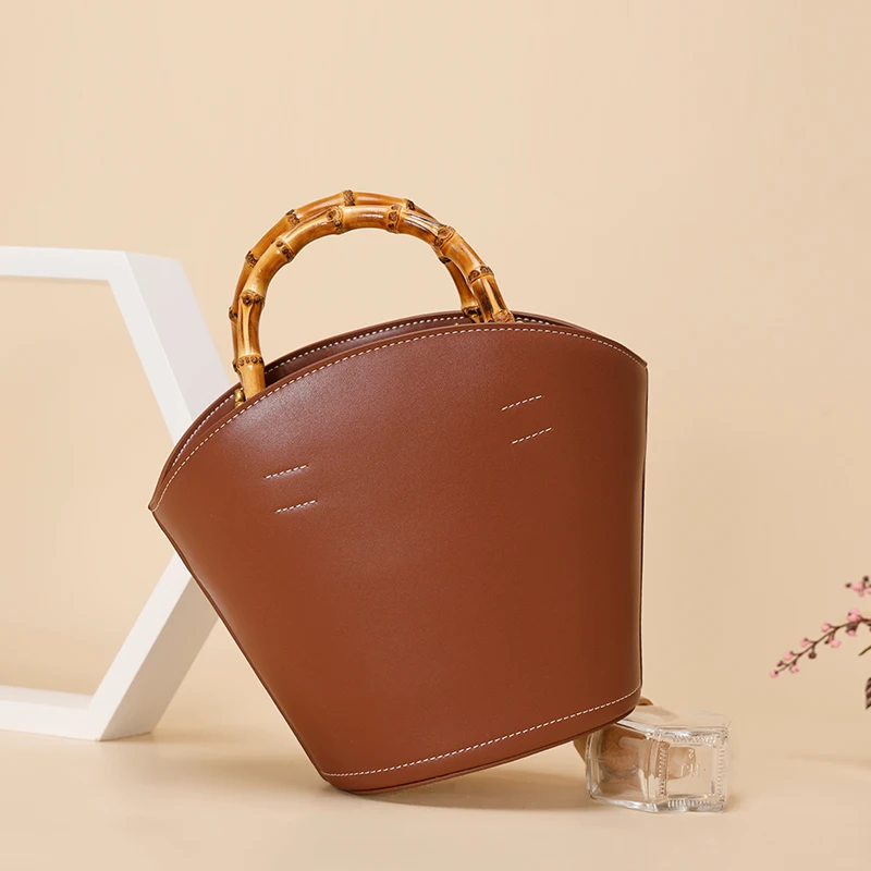 2024 New Spring and Summer New Design Bamboo Handle Soft Leather Vegetable  Bags Women Pu Leather Hand Bags Ladies Handbag