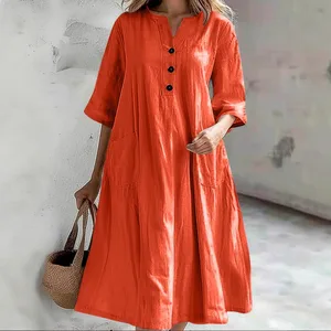 2026 Summer Women's Mid to Long V-neck Half Sleeved Cotton and Linen Loose Three Button Pocket Dress