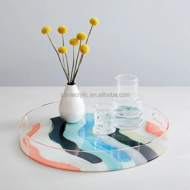 Round Decorative Acrylic Tray Lucite Serving Tray with Handle Perspex Food  Tray Dessert Plate for Coffee Table
