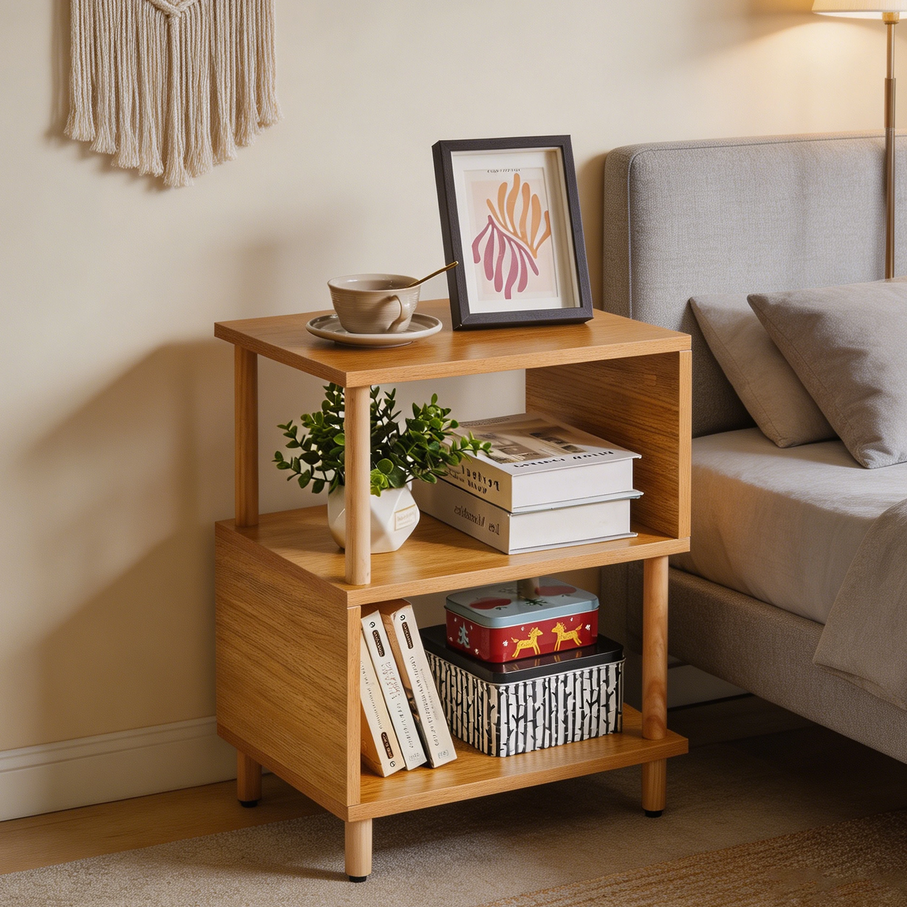 2 Tier S Shaped End Table with Open Storage Storage Shelf Nightstand  Storage Side Table for Small Spaces Bedroom Living Room