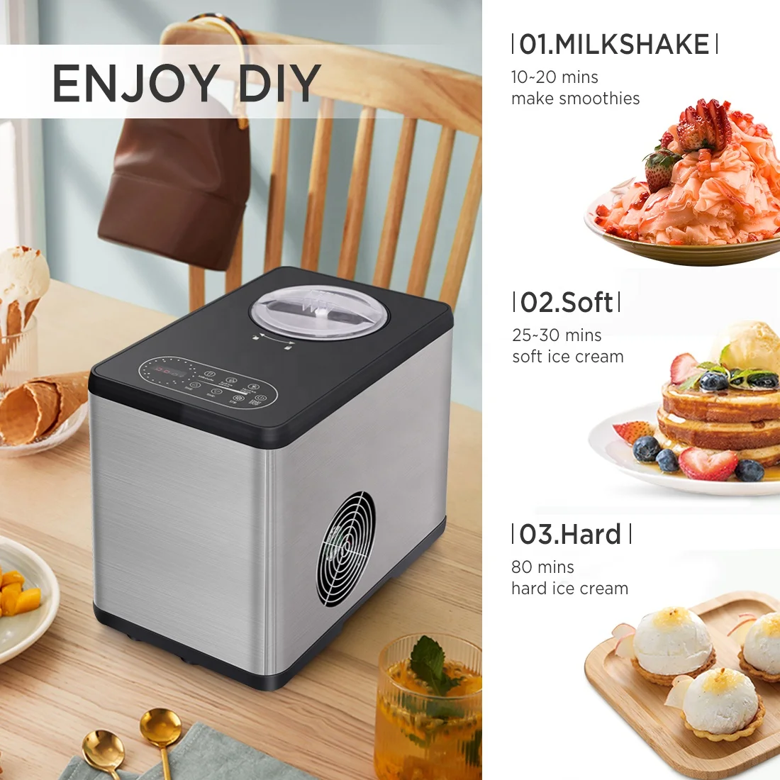 Hicon Small Ice Cream Machine Direct Manufacturer Custom Home Healthy Ice Cream Maker with Compressor