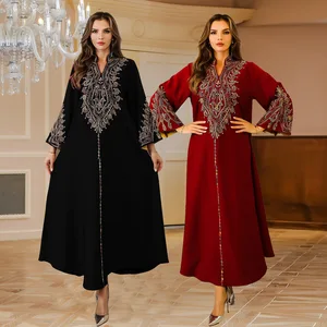 In Stock Elegant Luxury Islamic Clothing Fashion Muslim Wine Red Color Abaya Dress