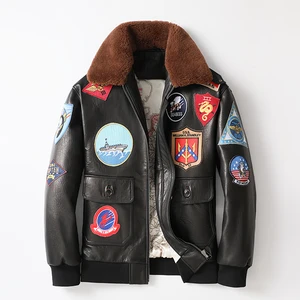 Dark Brown TOP GUN Pilot Sheep  Leather Jacket Genuine Thick Cowhide Winter Warm Aviation Coat for Men