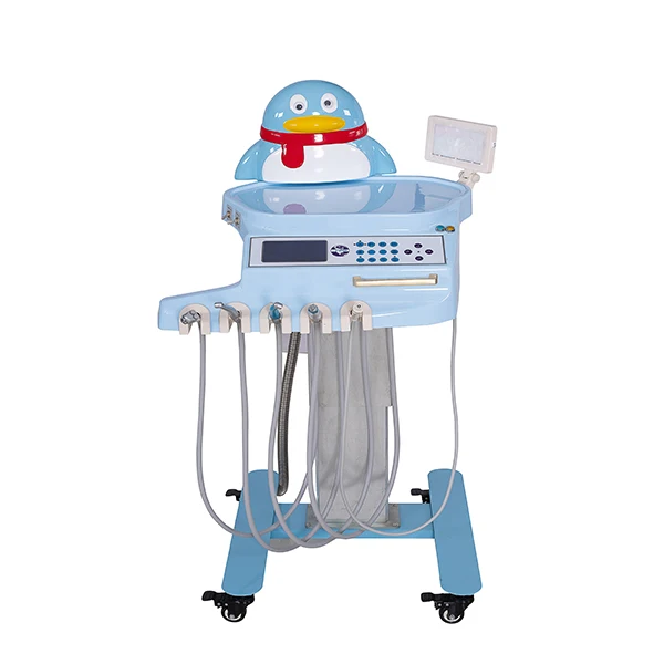 Beautiful children's dental treatment chair double armrests sky blue innocent cute movable tool tray with memory system details