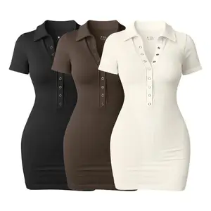 High Quality Women's Sexy Charming Mini Short Sleeve Dress Lapel Washable Spandex Material Solid Pattern Casual Clothing Worsted