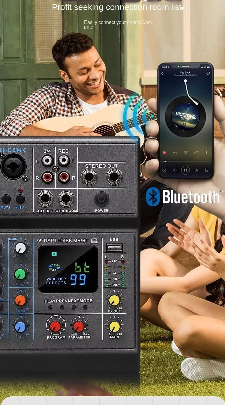 Cross-Border 4-Way USB Mixer Effect Stage Live Singing Recording Conference Equipment with Noise Cancelling Function