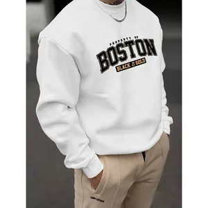 Men's Autumn Casual Crew Neck Hoodie Letter Print Polyester Knitted Fabric