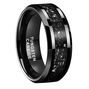 Coolstyle Jewelry 8mm Beveled Edges Mens Womens Fashion Engagement Wedding Band Titanium Chip Inlay Black Tungsten Carbide Rings