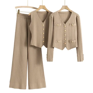 Spring Autumn Solid Colour Vest Knit Set Casual Knit Cardigan and Sleeveless Vest and Pants Set Knitted Two Piece Set for Women