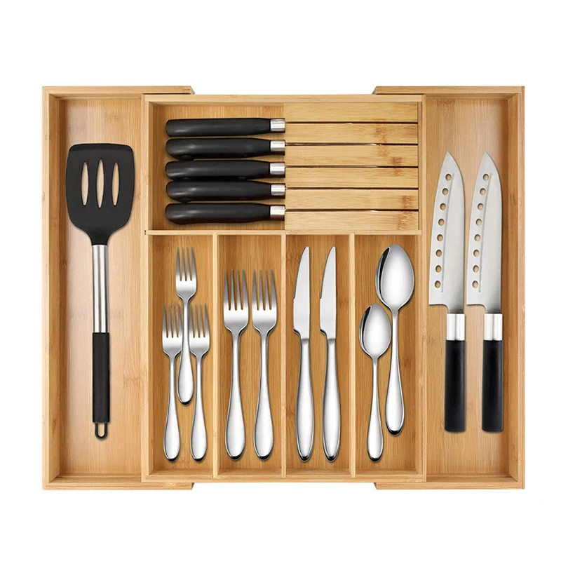 Wholesale Expandable Bamboo Cutlery Tray Silverware Drawer Organizer with Knife Block Kitchen Organizers and Storage